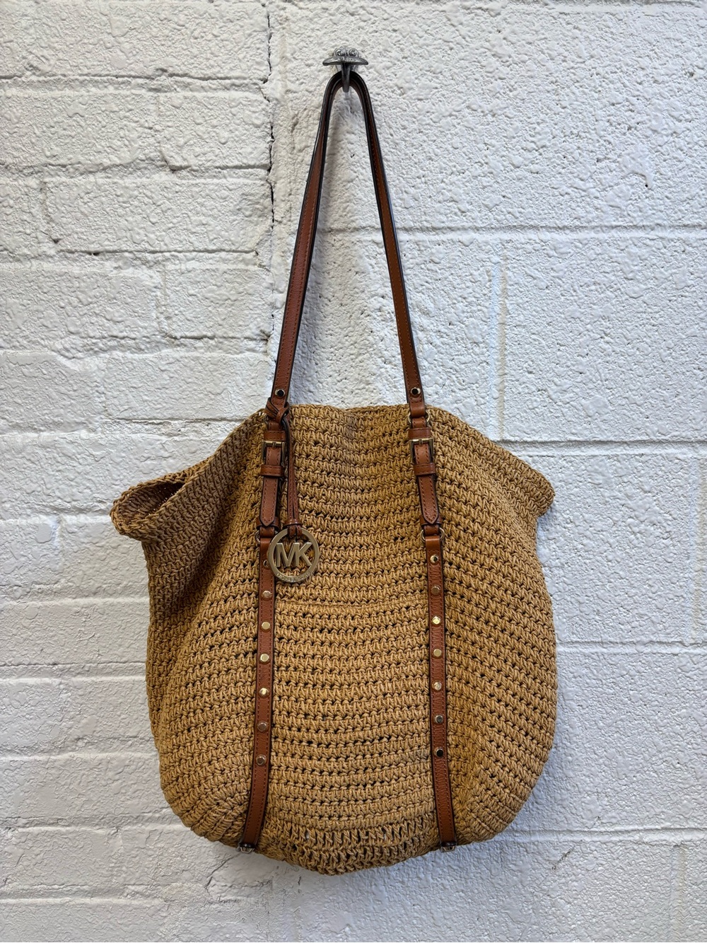Michael Kors Woven Straw Raffia Tote with Leather Straps